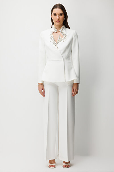 Nefeli Yaka İşlemeli Kemer Detaylı Ceket Pantolon Takım EKRU