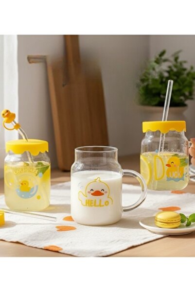 lstri Cute Duck Glass Cup Lemonade Soft Drink Cup Picnic