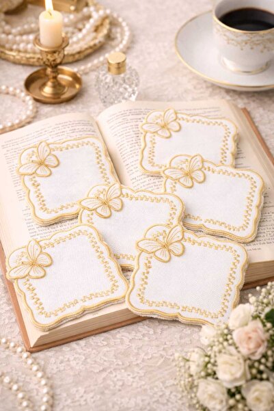 ZORENSA Kelebek Nakışlı Kahve Sunum Peçetesi – 6’lı Kumaş Kokteyl Peçete ( Te...