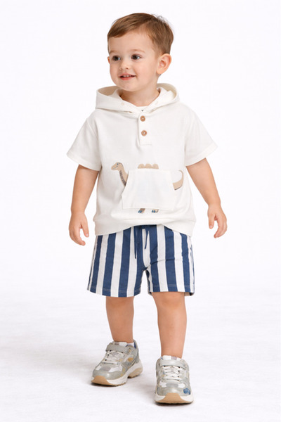 Dirkje “Cozy Dino” Hooded Tee & Striped Shorts Baby Set