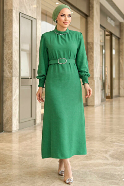 FERHEL Hijab Collar Stone Detailed Sleeve Ruched Belt Pack Linen Dress - Dark...