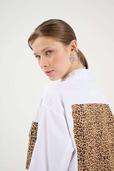 Kokoşum Butik 2710 Shiny Leopard Sequined Shirt White