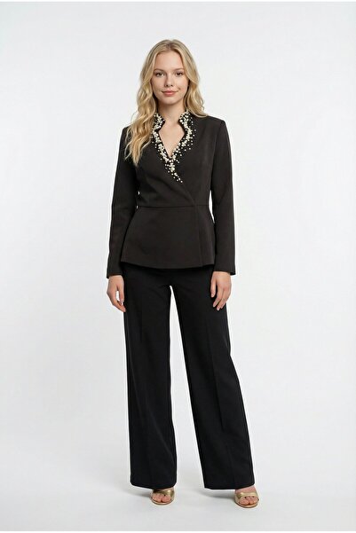 Nefeli Yaka İşlemeli Kemer Detaylı Ceket Pantolon Takım SİYAH