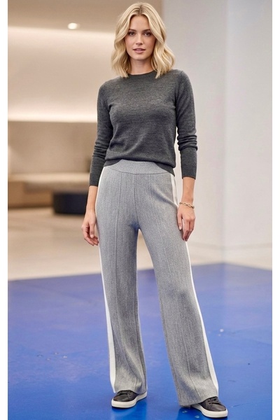Kırçiçek Soft-Textured Knitwear Trousers with Side Stripes