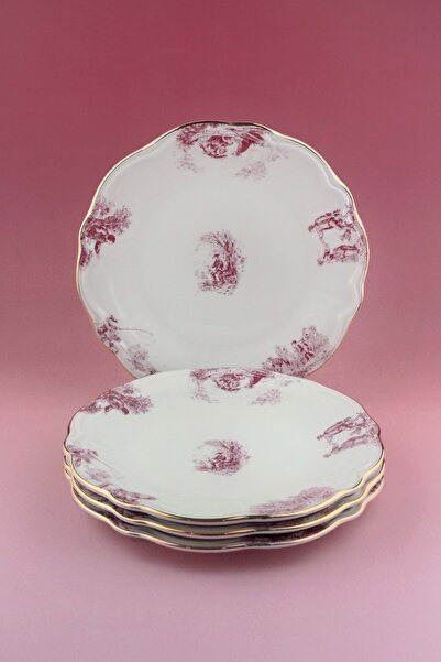 Bursa Porselen Dekor Pink British Gold Gilded 4 Pieces Porcelain Cake Plate