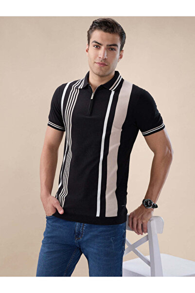 STATUS QUO Vertical Stripe Zip Collar Black Polo T-shirt