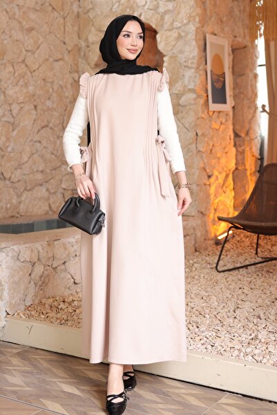 İmajButik Beige Waist Belted Dress with Ruffled Sleeves
