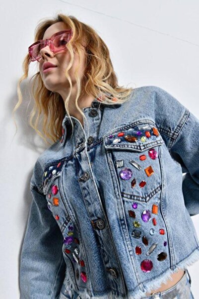 Kokoşum Butik 2460 Stoned Short Jean Jacket Blue