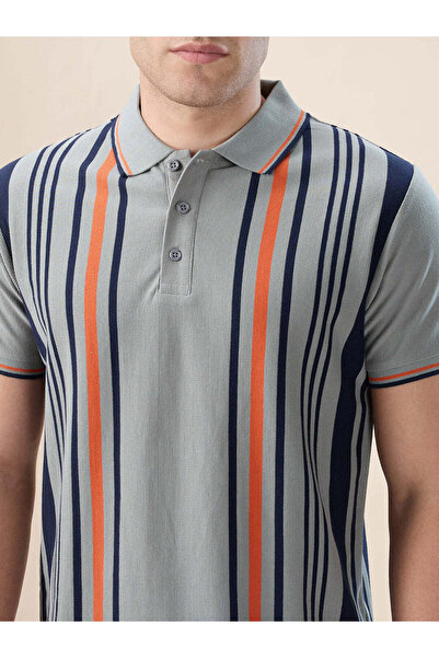 STATUS QUO Striped Contrast Tipping Regular Fit Sage Polo T-shirt