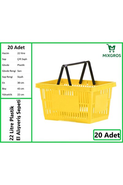 MİXGROS Plastik Market Alışveriş El Sepeti 22 Litre Sarı 20 Adet