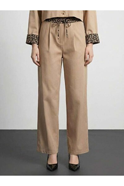 Kokoşum Butik 01355 Leopard Detailed Trousers Beige