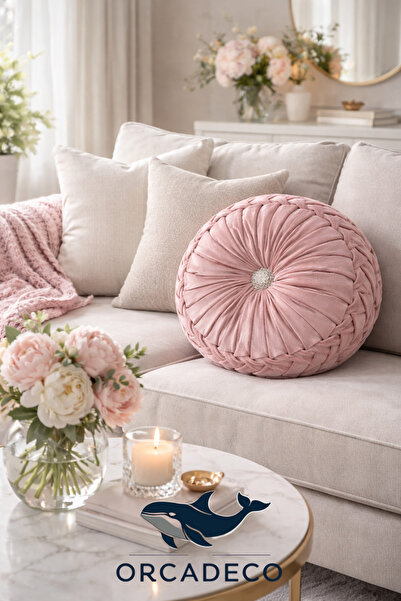 orcadeco -Kadife Yuvarlak Dekoratif Yastık – Pileli Tasarım Taş Detaylı Salon...