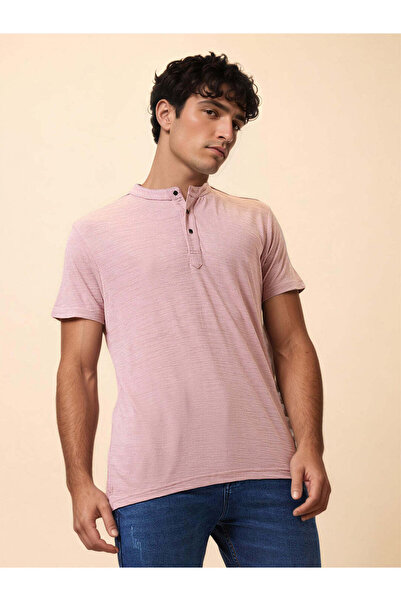 STATUS QUO Solid Henley Neck Regular Fit Rose T-shirt