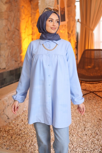 İmajButik Baby Blue Elastic Sleeves Striped Shirt Tunic