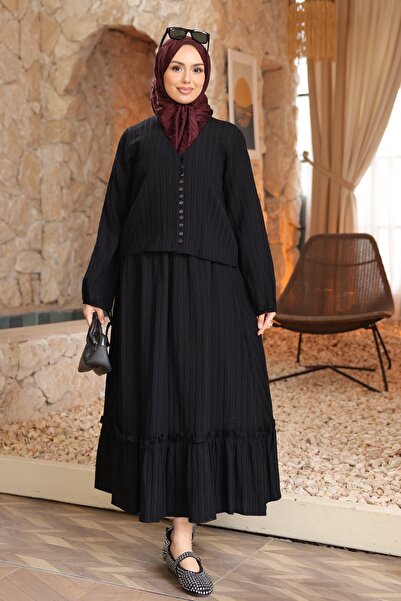 İmajButik طقم قميص أسود بأزرار مع تنورة