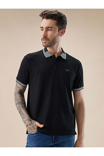 STATUS QUO Waffle Textured Regular Fit Balck Polo T Shirt