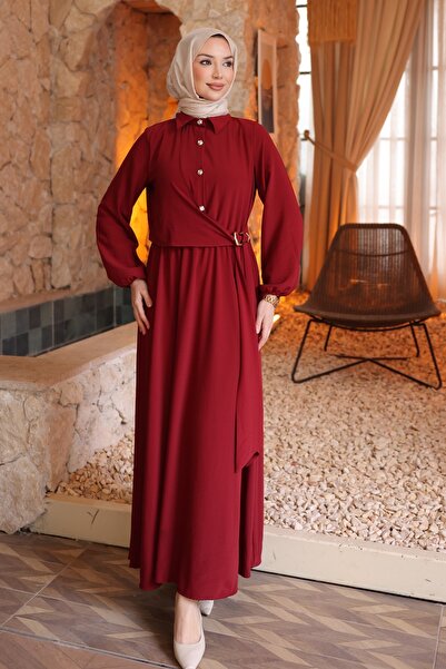 İmajButik Rochie elastică cu cu detaliu cu șnur mâneci, culoare burgundy