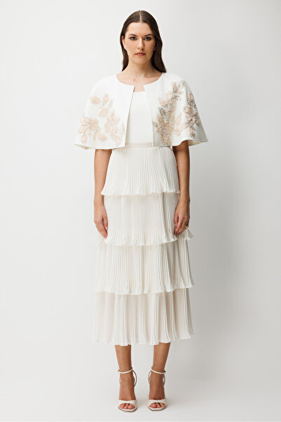 Nefeli Çiçek Nakışlı Bolero ve Pileli Midi Elbise Takımı EKRU