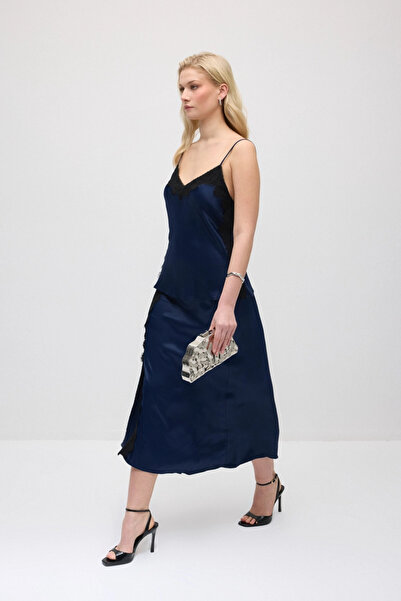 Gusto Lace Paneled Long Satin Skirt - Navy Blue