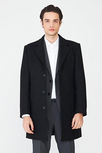 White Stone Black Lined Inner C Pocketed K Melton Coat Regular Fit