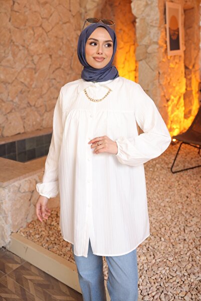 İmajButik Ecru Elastic Sleeve Striped Shirt Tunic