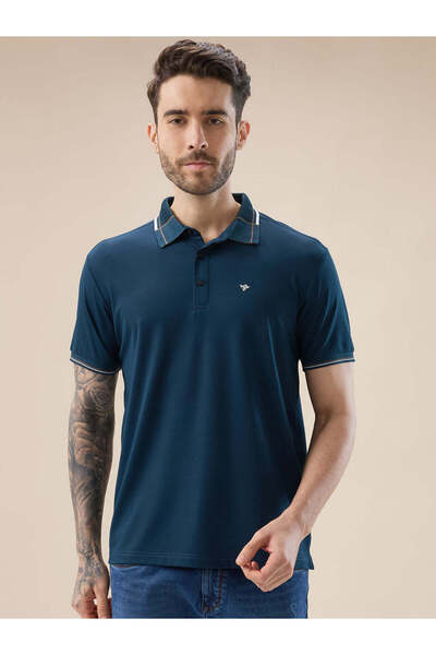 STATUS QUO Solid Regular Fit Brand Logo Print Blue Polo T-shirt