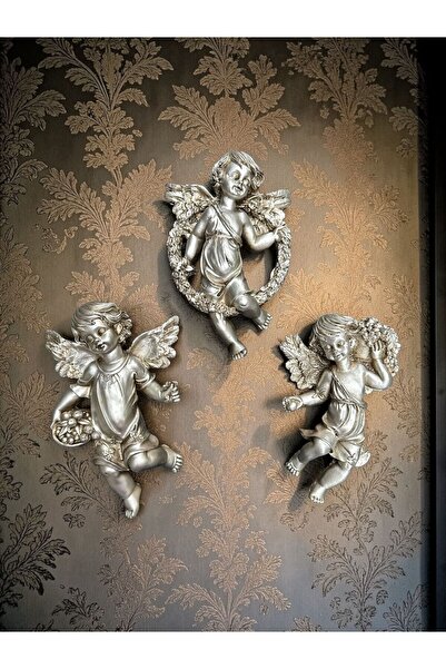 Peramari Dekoratif Polyester Duvara Asmalı Üçlü Melek Biblo Gümüş
