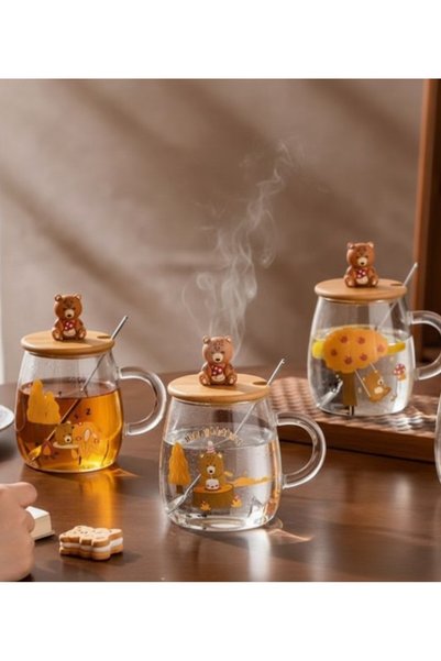 lstri Cute Teddy Bear Glass Cup Lemonade Soft Drink Cup Picnic