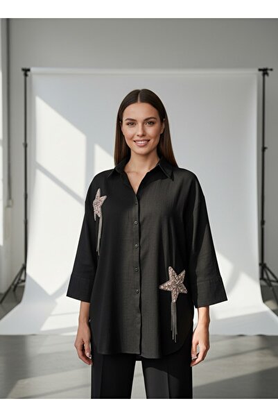 vellum butik YILDIZ ZİNCİR DETAYLI KETEN GÖMLEK