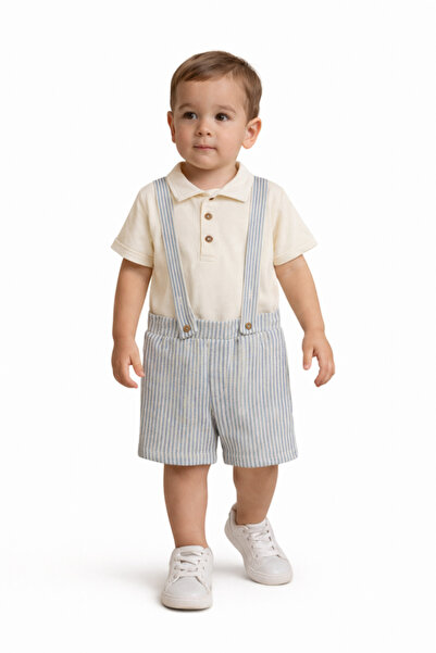 Dirkje Boys set “Seaside Stripes” Cream Polo & Pin-Stripe Suspender Short Set