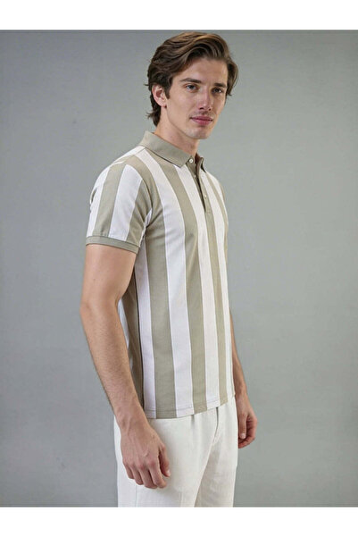 STATUS QUO All-Over Striped Polo Collar Regular Fit Sage T-shirt
