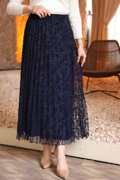 İmajButik Fusta bleumarin plisată flocată cu imprimeu cu căptușeală tul