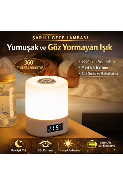 Polham 1200mAh Şarjlı Saatli Dokunmatik LED Masa Lambası, 3 Işık Modlu, Parlaklık Ayarlı Gece Lamb