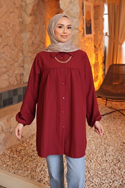 İmajButik Burgundy Elastic Sleeve Striped Shirt Tunic
