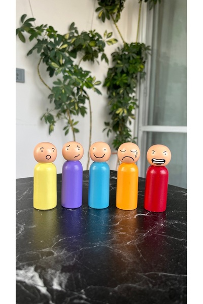 Empressco El Yapımı 5’li Duygu İfadeli Ahşap Peg Bebek Seti – Montessori Duyg...