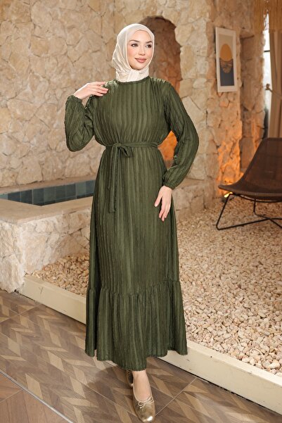 İmajButik Green Elastic Sleeves and Belted Seersucker Dress