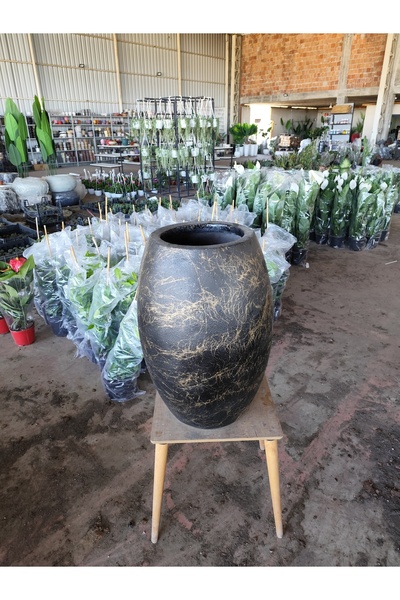 Yades Siyah Altın Mermer Desenli Fiber Saksı - Lüks Büyük Boy Oval Saksı - De...