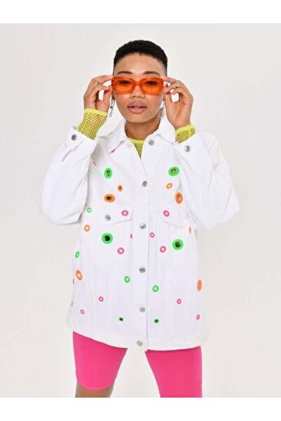 Kokoşum Butik 2565 Colorful Perforated Jean Jacket White