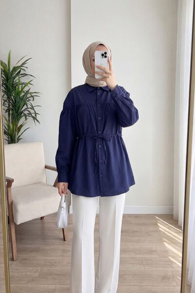 HİFADEN Women's Waist Tunnel Belted Shirt Collar Buttoned Hijab Shirt