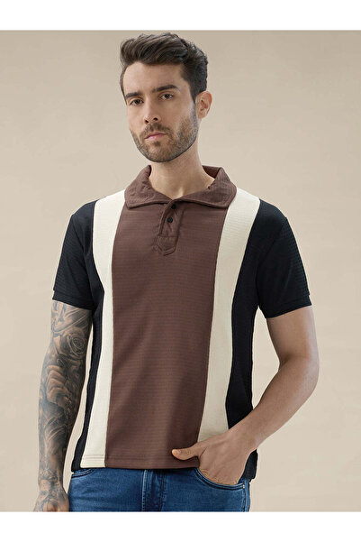 STATUS QUO Colorblock Textured Regular Fit Brown Polo T-shirt