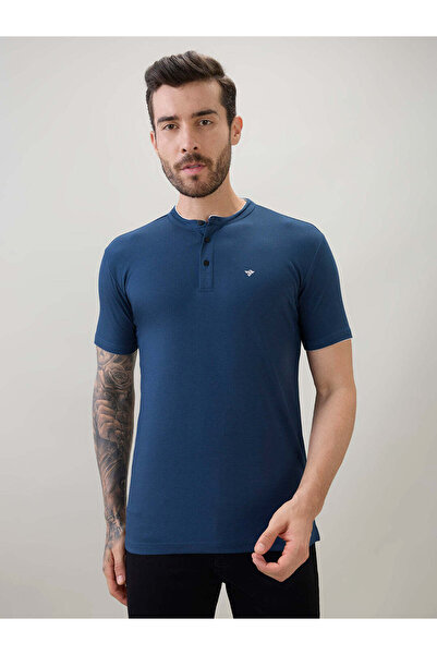 STATUS QUO Solid Henley Neck Brand Logo Print Regular Fit Teal T-shirt