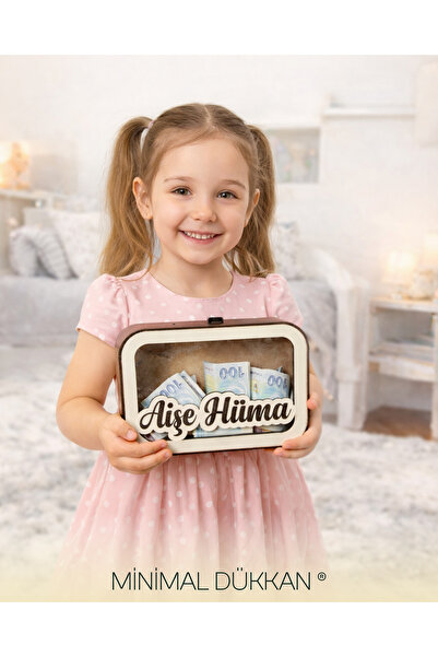 MİNİMAL DÜKKAN Kişiye Özel İsimli Ahşap Kumbara – Şeffaf Ön Yüzlü Tasarım – D...