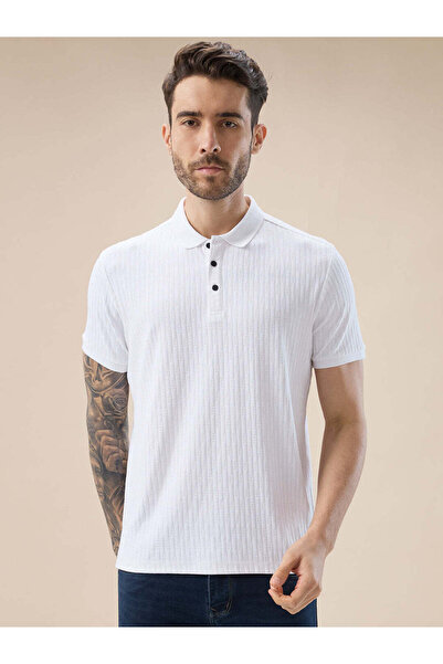 STATUS QUO White Textured Vertical Stripe Regular Fit Polo T-shirt