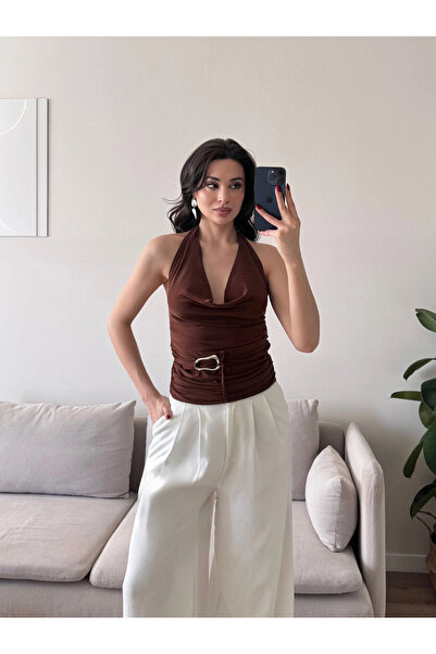 Zoom Butik Degaje Yaka Aksesuar Crop - KAHVE