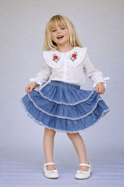 ipekkids Детски дрехи за момичета: Празнична дънкова пола, бродирана риза с б...