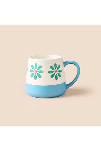 Evidea Kitchen Mavi Çiçekli Seramik Kupa - Beyaz - 500 ml