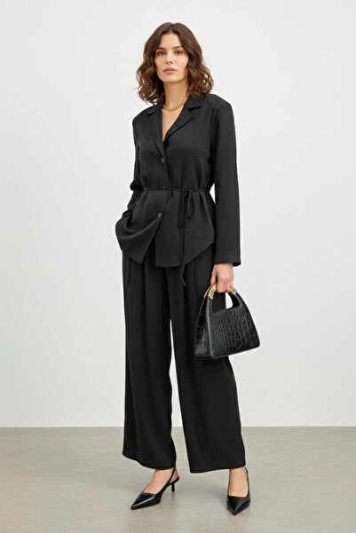 Loreen Double-Breasted Collar Belted Suit-Black Black