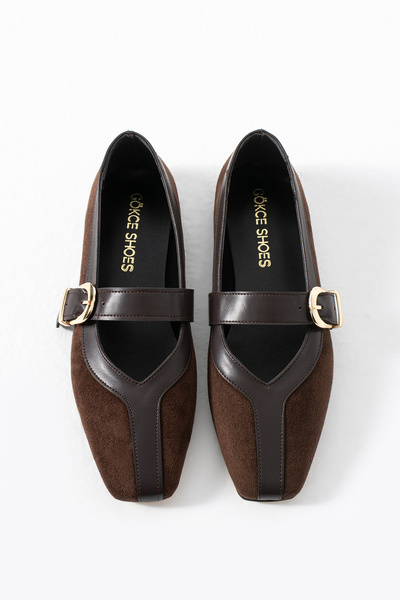 Gökçe Shoes Malin Kahve Süet Küt Kalıp Kemer Detay Kadın Babet Ayakkabı