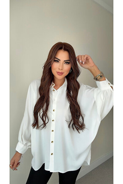 DİDEM GÜLTAKTI Kami Kadın Dökümlü Oversize Beyaz Gömlek