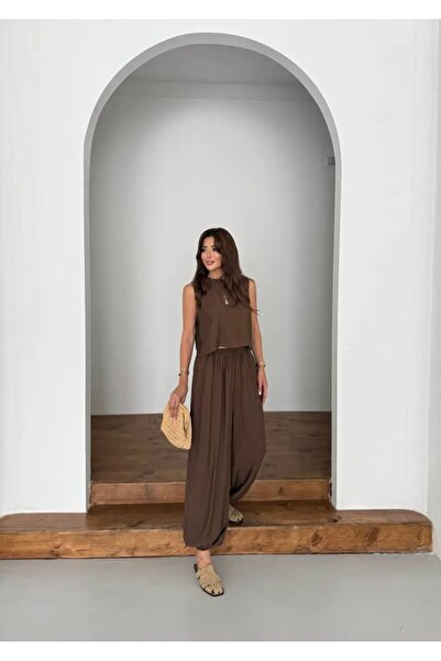 Cool & Sexy Μοντάλ Υφασμάτινη Αμάνικη Μπλούζα, Παντελόνι Σαλβάρ, Σετ Μπλούζα ...